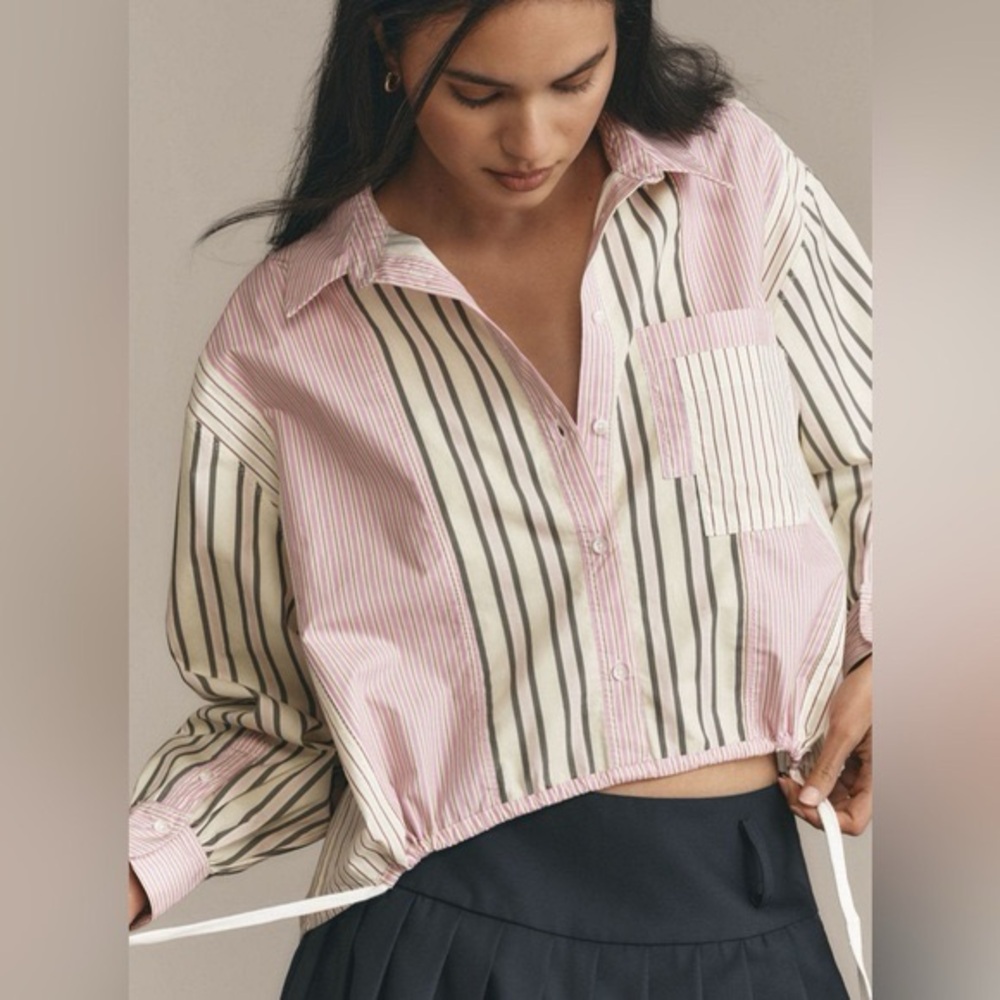 Anthropologie Pink and Cream Striped Button Down Shirt - Picture 2 of 16